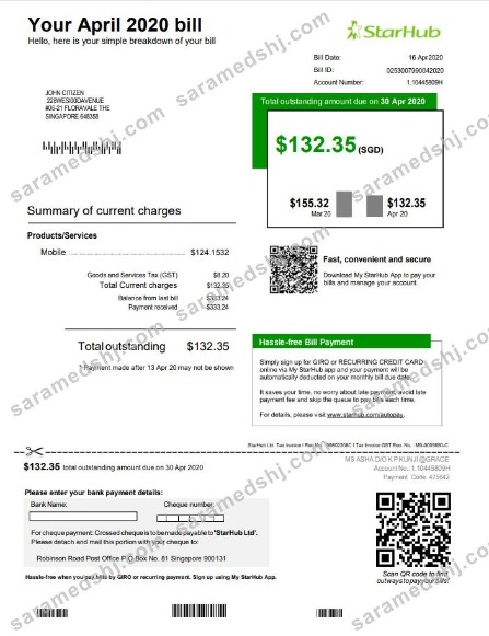 Singapore StarHub utility bill template in Word and PDF format